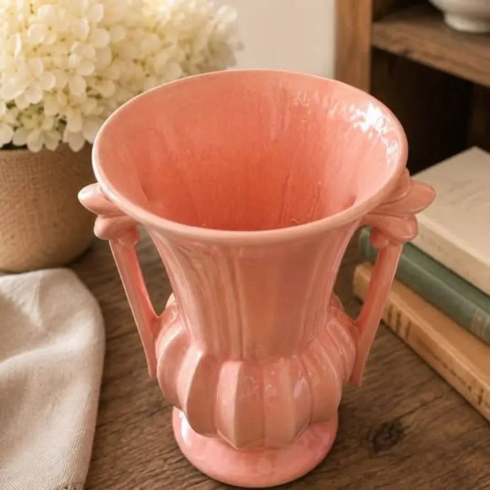 Vintage Pinkish Peach Ceramic Art Deco Style Vase with Ornate Handles
